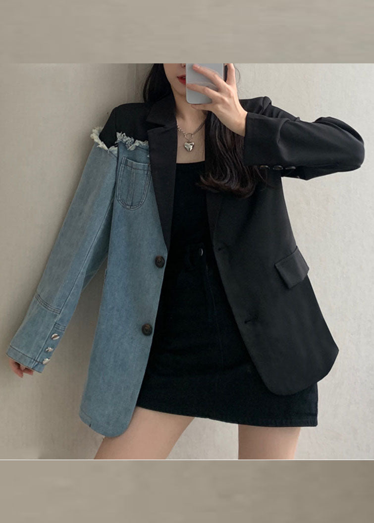 Drune | Schwarze notch-Taschen asymmetrische Denim-Patchwork-Mäntel mit langen Ärmeln
