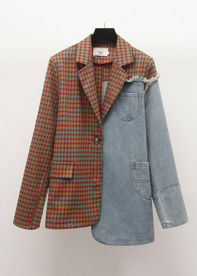 Drune | Schwarze notch-Taschen asymmetrische Denim-Patchwork-Mäntel mit langen Ärmeln