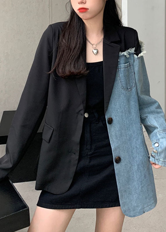 Drune | Schwarze notch-Taschen asymmetrische Denim-Patchwork-Mäntel mit langen Ärmeln