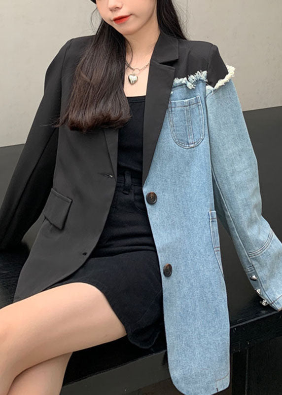Drune | Schwarze notch-Taschen asymmetrische Denim-Patchwork-Mäntel mit langen Ärmeln