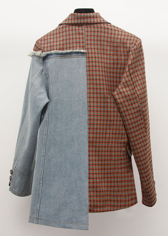 Drune | Schwarze notch-Taschen asymmetrische Denim-Patchwork-Mäntel mit langen Ärmeln