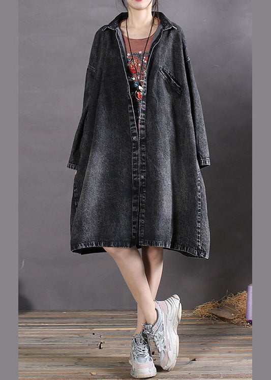Drune | Charcoal grau Peter Pan Kragen Knopf Denim Mäntel