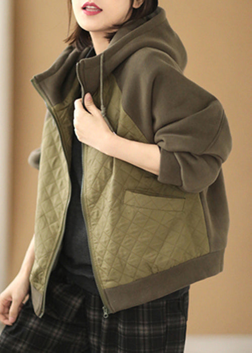 Drune | Grüne Kapuzen-Patchwork-Baumwoll-Sweatshirtmäntel