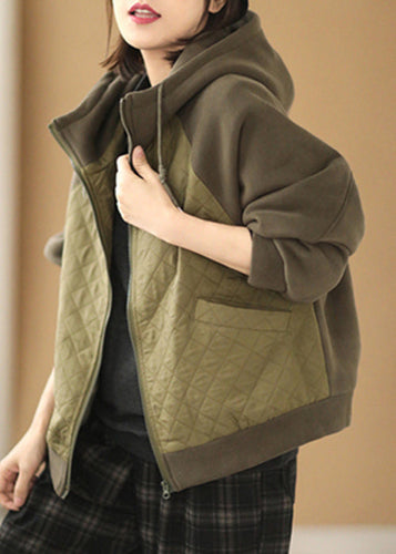 Drune | Grüne Kapuzen-Patchwork-Baumwoll-Sweatshirtmäntel
