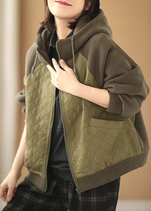 Drune | Grüne Kapuzen-Patchwork-Baumwoll-Sweatshirtmäntel