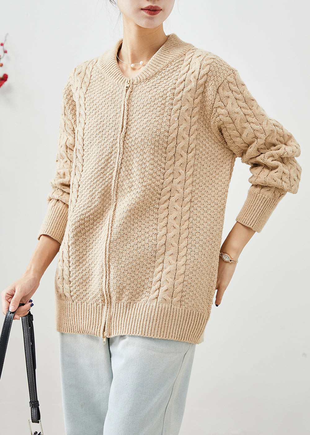 Drune | Khaki Zip-Up Dicke Kabelstrickmäntel