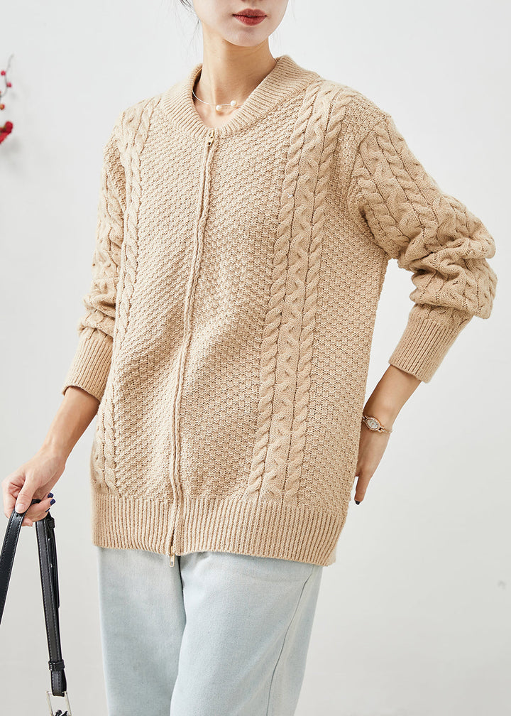 Drune | Khaki Zip-Up Dicke Kabelstrickmäntel