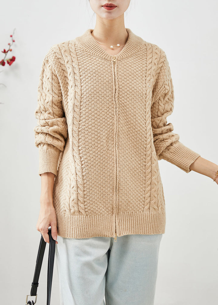 Drune | Khaki Zip-Up Dicke Kabelstrickmäntel