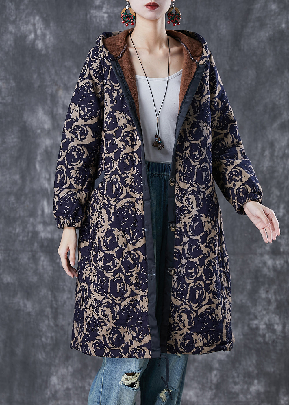 Drune | Navy Kapuzen Drucken Warme Fleecejacken Winter