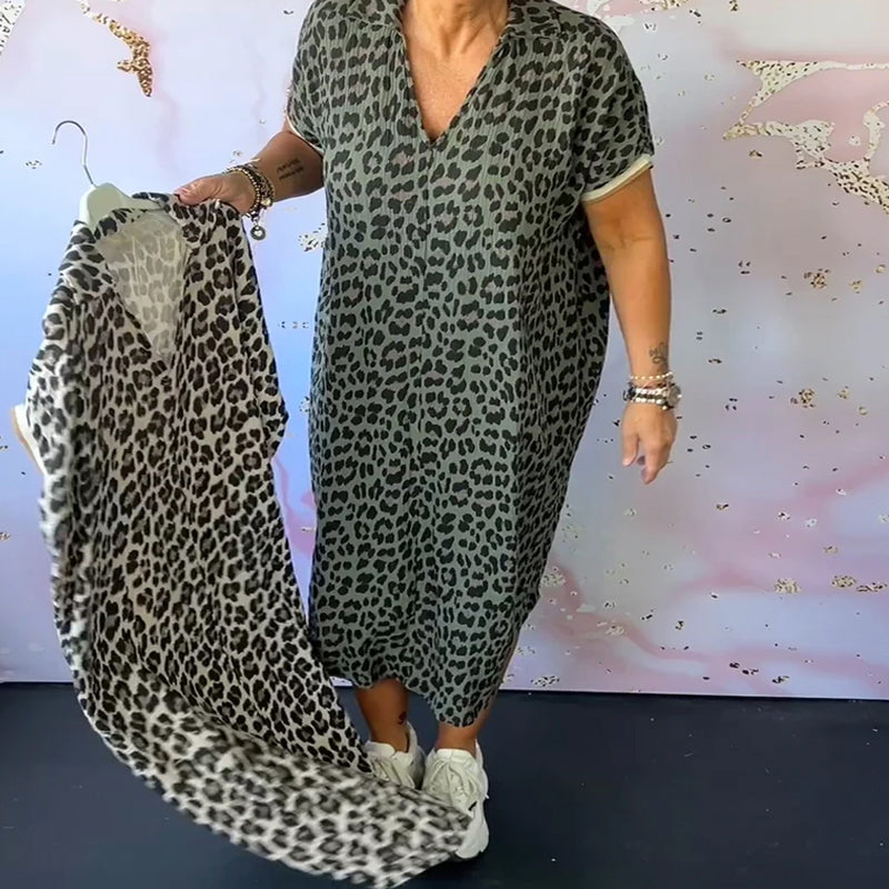 Drune | Entspanntes Kleid mit V-Ausschnitt und Leopardenmuster für Damen