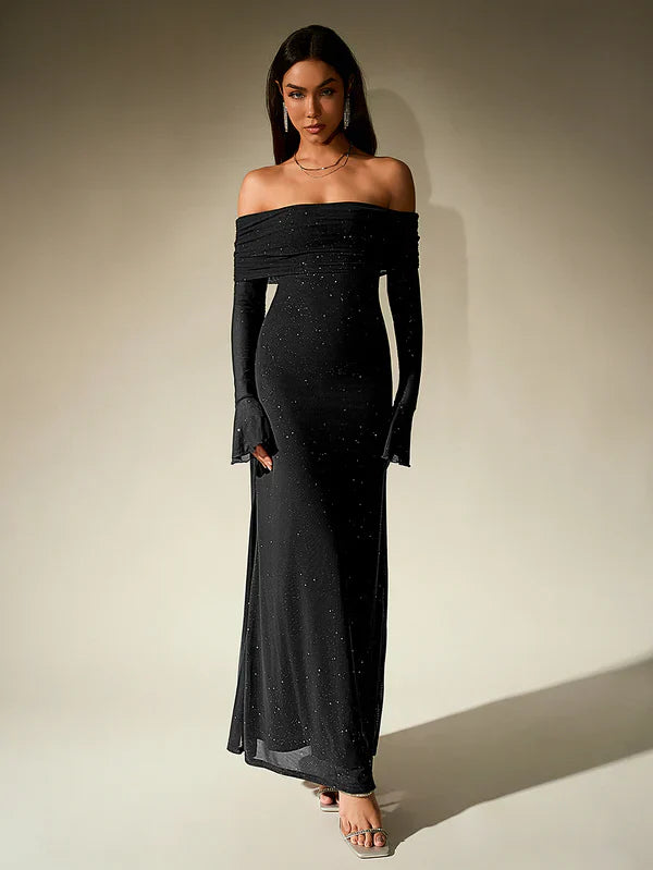 Drune | Schulterfreies Abendkleid in Braun Mit Glitzer