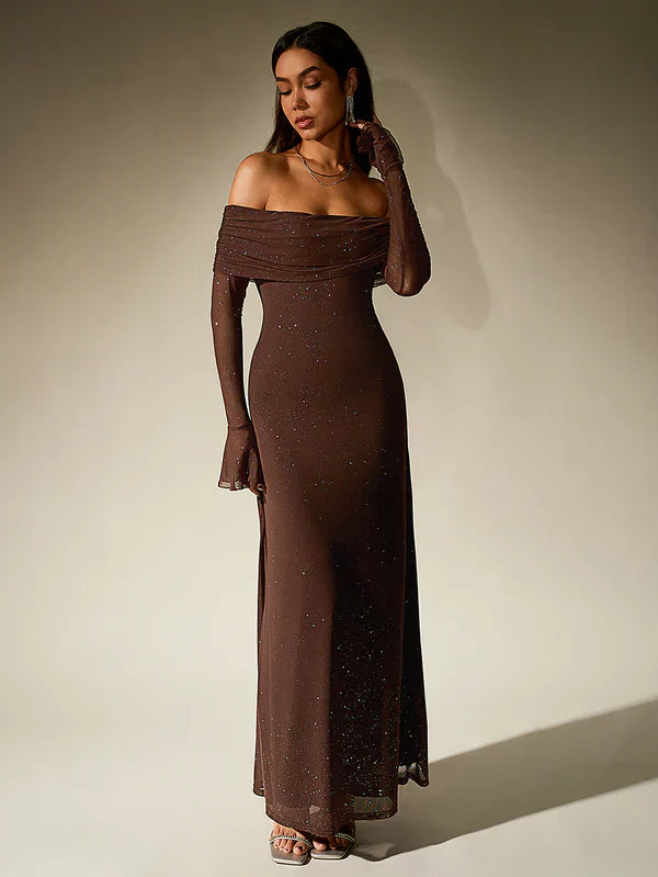 Drune | Schulterfreies Abendkleid in Braun Mit Glitzer