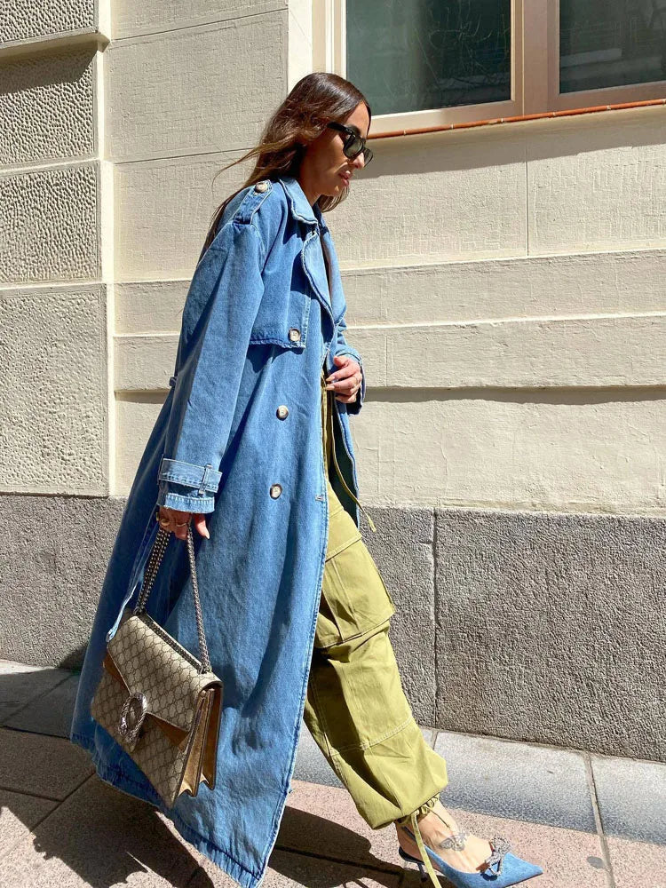 Drune | Lang Denim,Trenchcoat mit Doppelknebel