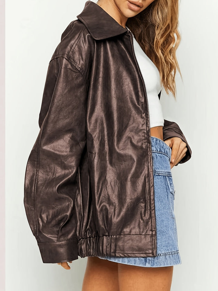 Drune | Übergangsjacke Lederlook mit Reißverschluss und Kragen