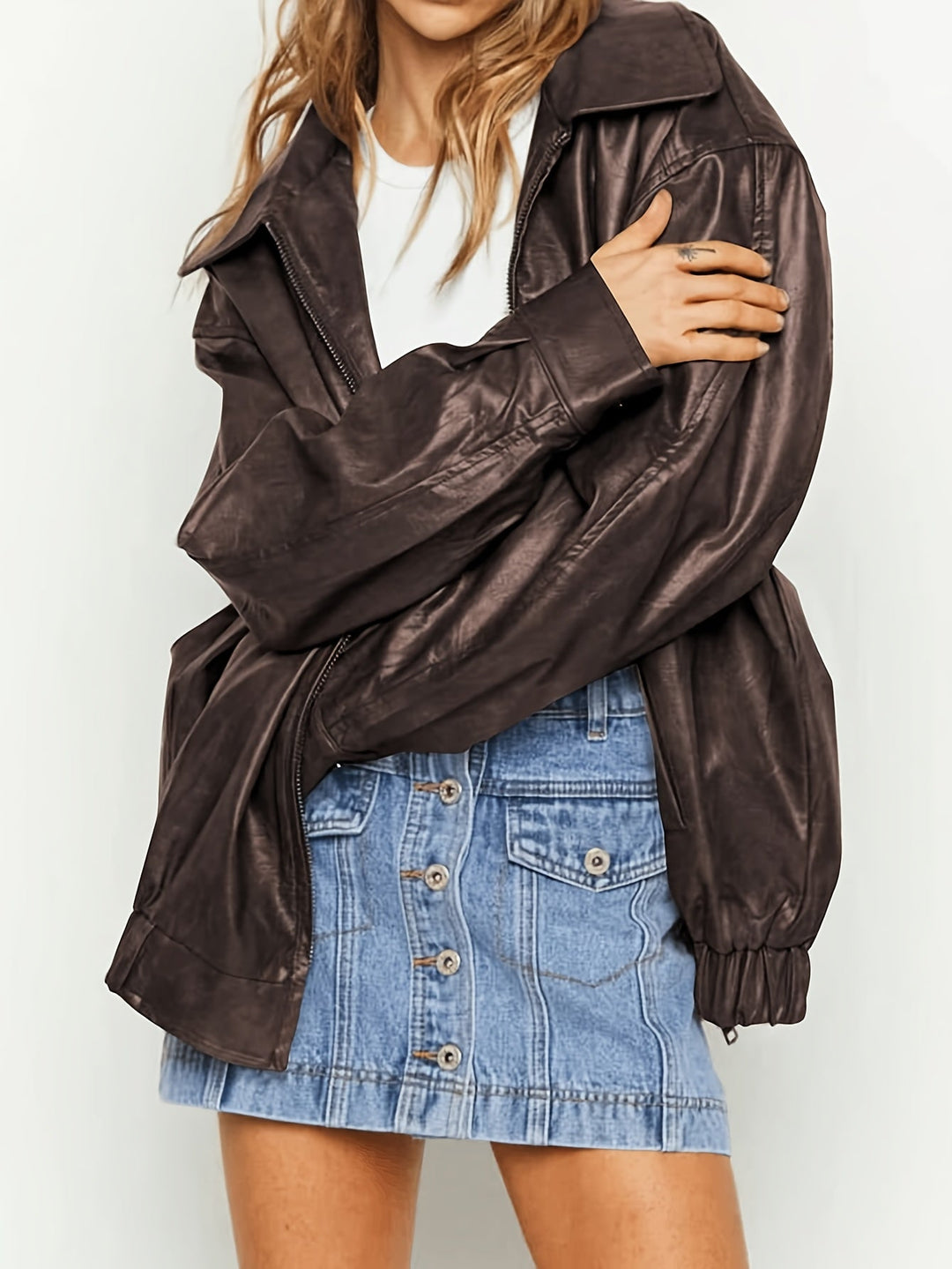 Drune | Übergangsjacke Lederlook mit Reißverschluss und Kragen