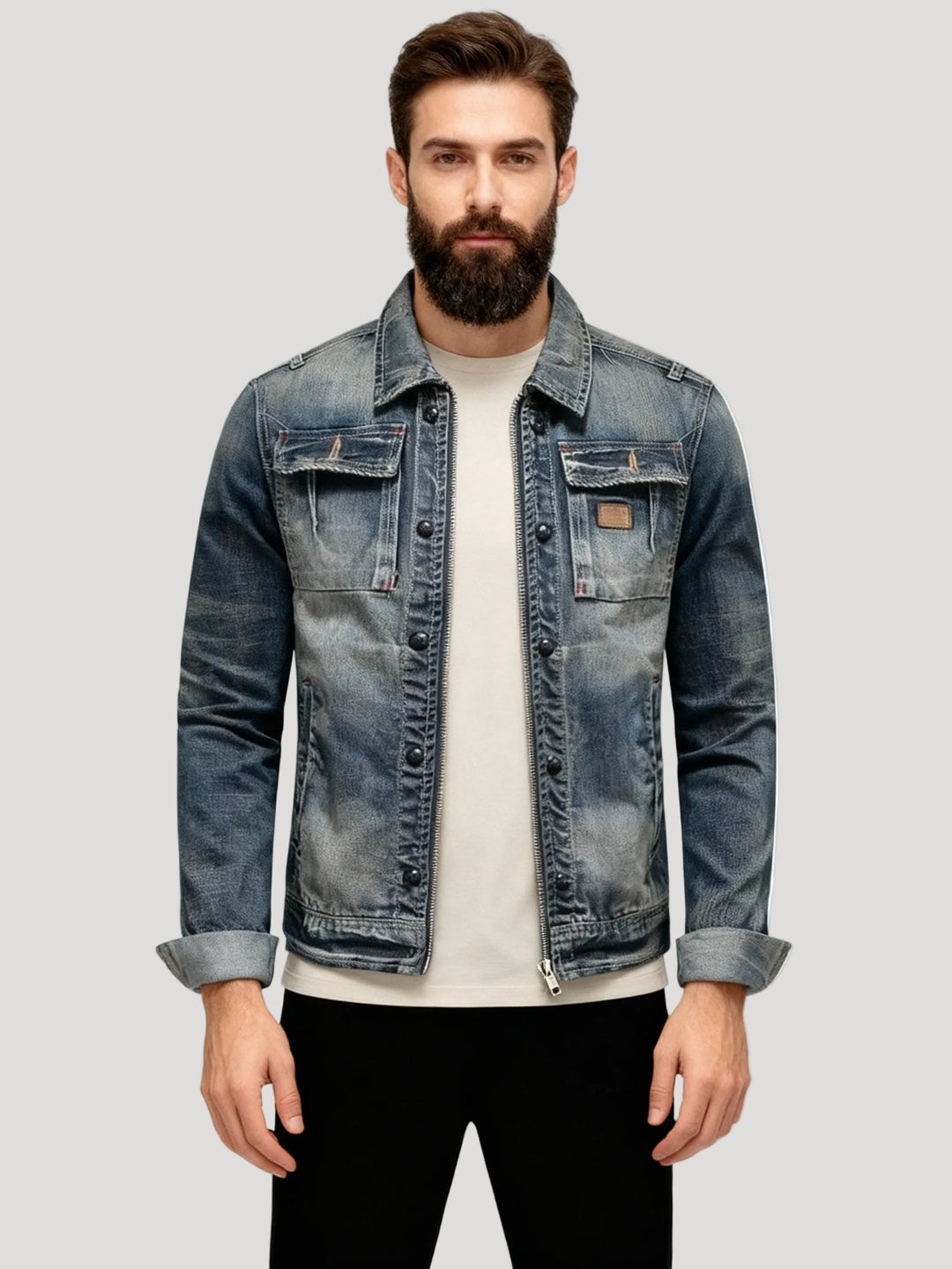 Herren Jeansjacke mit Umlegekragen – Patchwork-Design