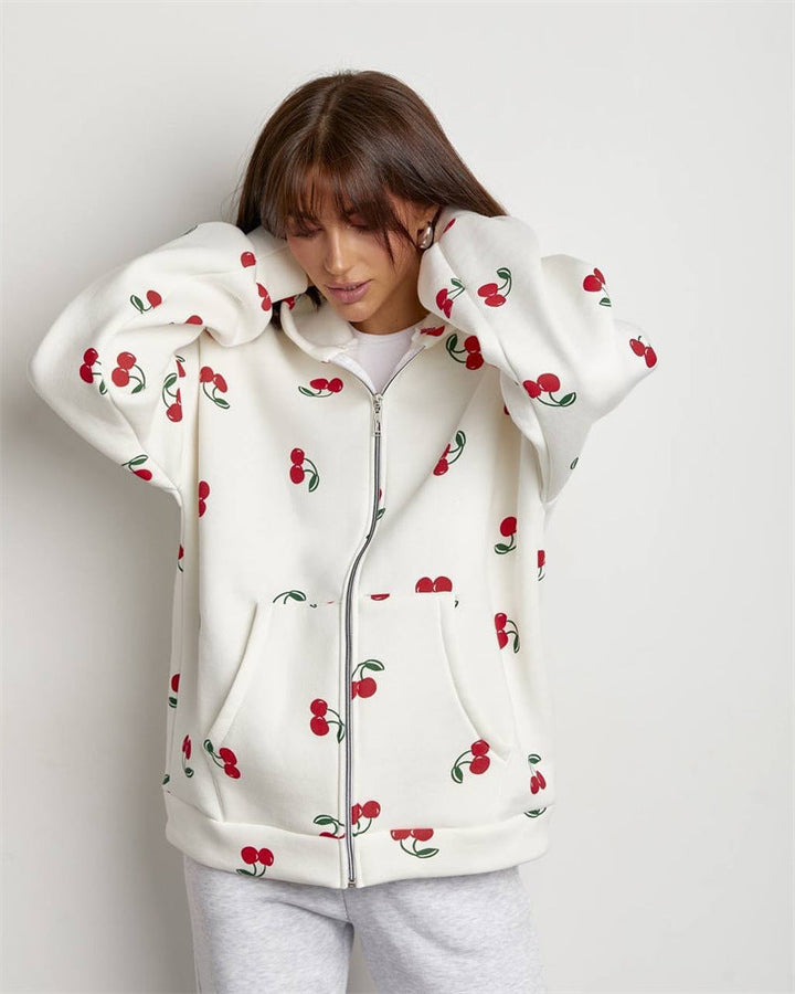 Drune | Sweatshirt mit Kapuze und Reißverschluss für Frauen mit Kirschdruck Mely