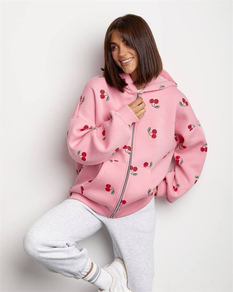 Drune | Damen Sweatshirt mit Kapuze und Reißverschluss mit Kirschdruck