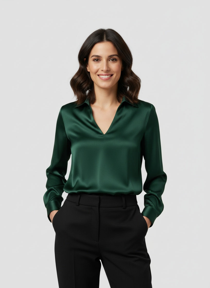Drune | Damen Satinbluse mit V-Ausschnitt