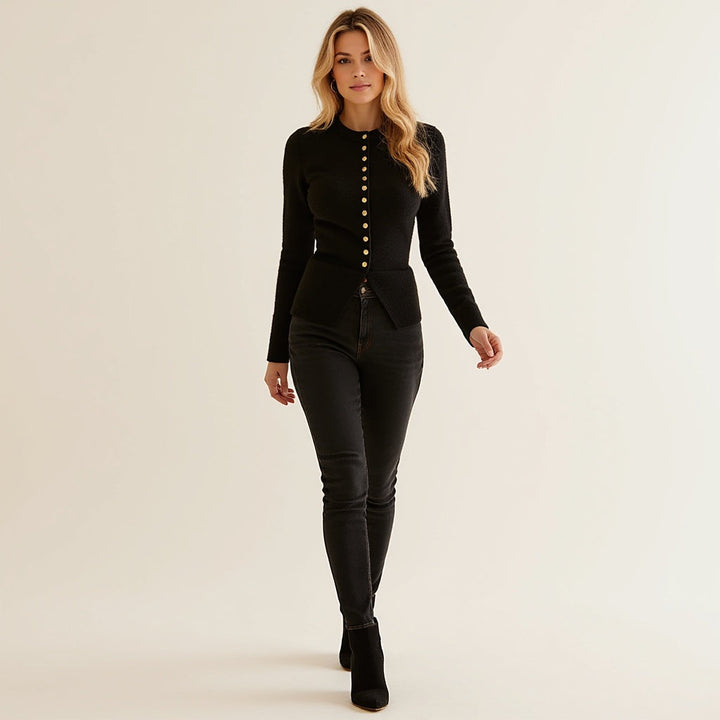 Drune | Cardigan - Frauen Herbst Schwarz Strickjacke mit Knopfleiste