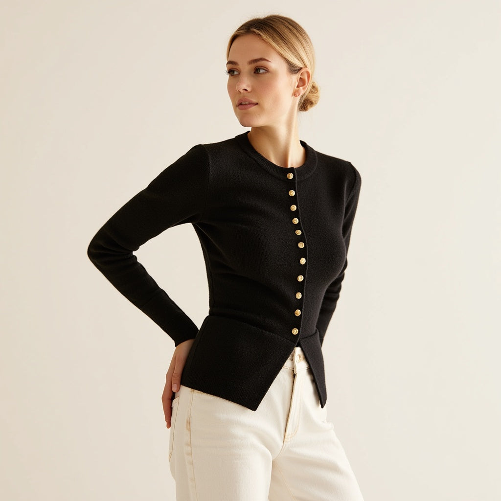 Drune | Cardigan - Frauen Herbst Schwarz Strickjacke mit Knopfleiste