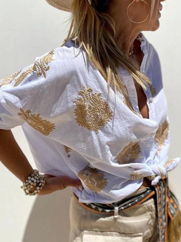 Drune | mit Knopfleiste Boho Stil Lockere Passform Langarm Shirt Damen Leinenhemd