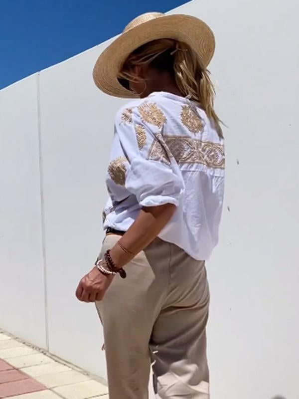 Drune | mit Knopfleiste Boho Stil Lockere Passform Langarm Shirt Damen Leinenhemd