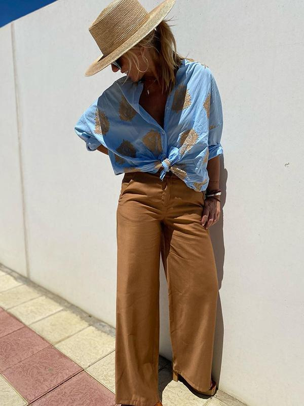 Drune | mit Knopfleiste Boho Stil Lockere Passform Langarm Shirt Damen Leinenhemd