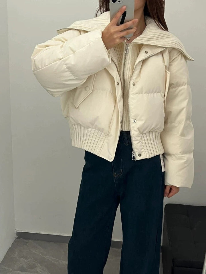Drune | Damen Kurze Puffer Winterjacke Gepolstert mit Rippstrickkragen