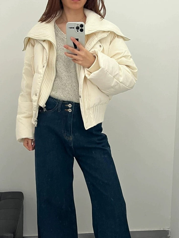 Drune | Damen Kurze Puffer Winterjacke Gepolstert mit Rippstrickkragen