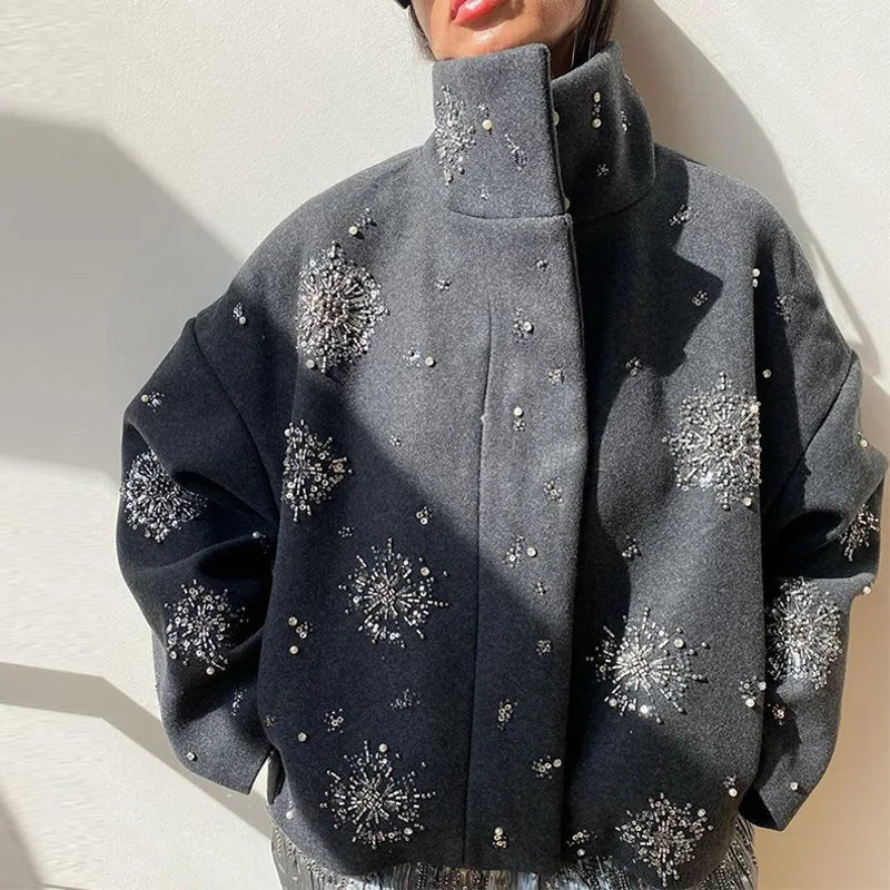 Drune | Damen Bestickter Peacoat Mantel mit Perlen und Hohem Kragen