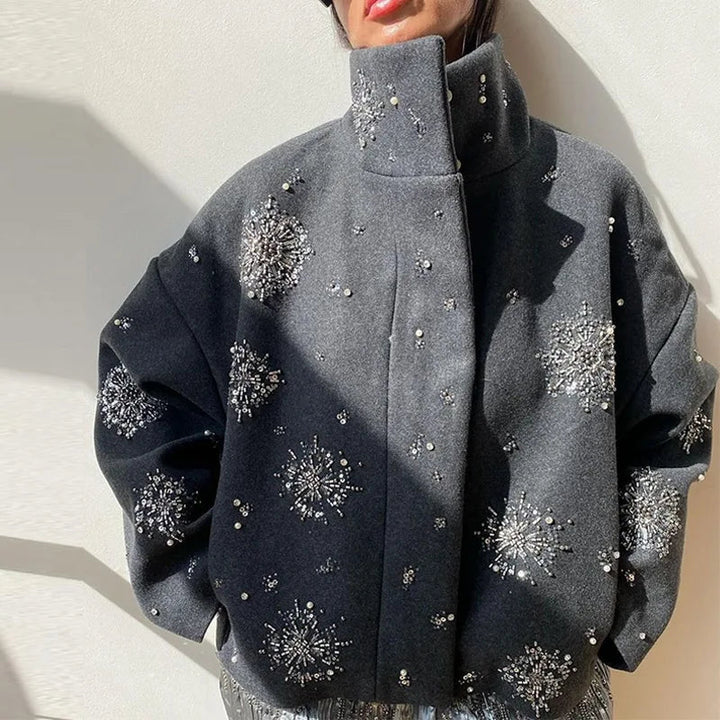 Drune | Damen Bestickter Peacoat Mantel mit Perlen und Hohem Kragen
