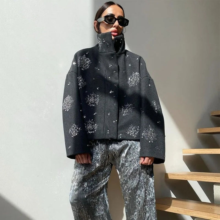 Drune | Damen Bestickter Peacoat Mantel mit Perlen und Hohem Kragen