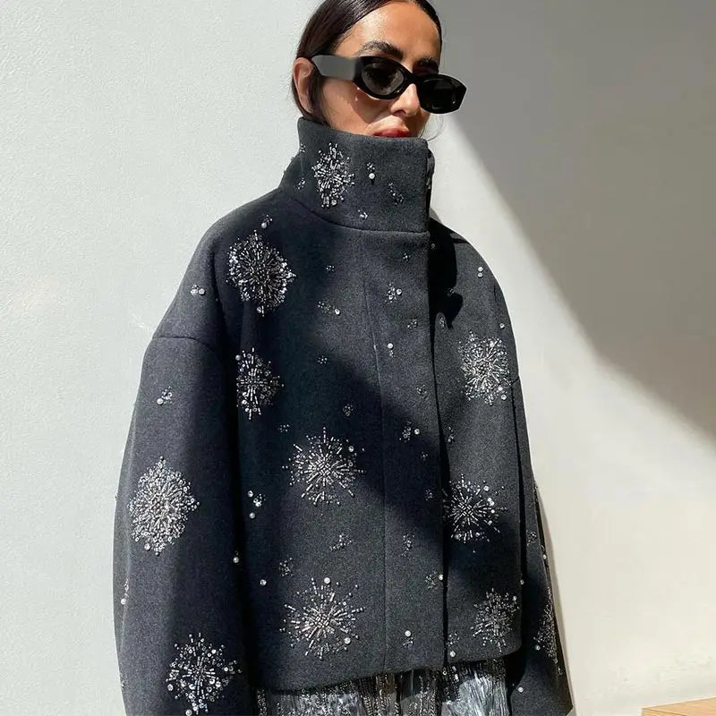 Drune | Damen Bestickter Peacoat Mantel mit Perlen und Hohem Kragen