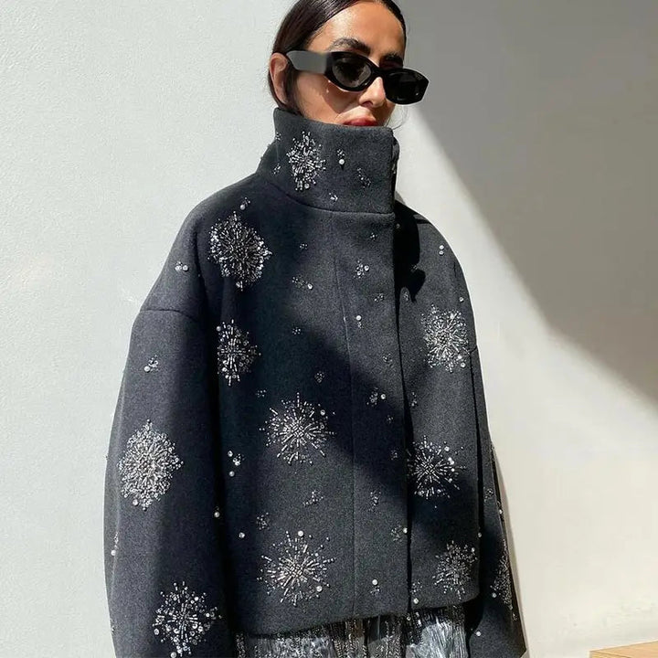 Drune | Damen Bestickter Peacoat Mantel mit Perlen und Hohem Kragen
