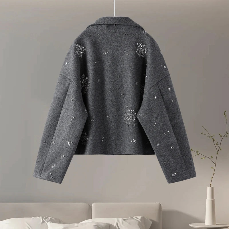 Drune | Damen Bestickter Peacoat Mantel mit Perlen und Hohem Kragen