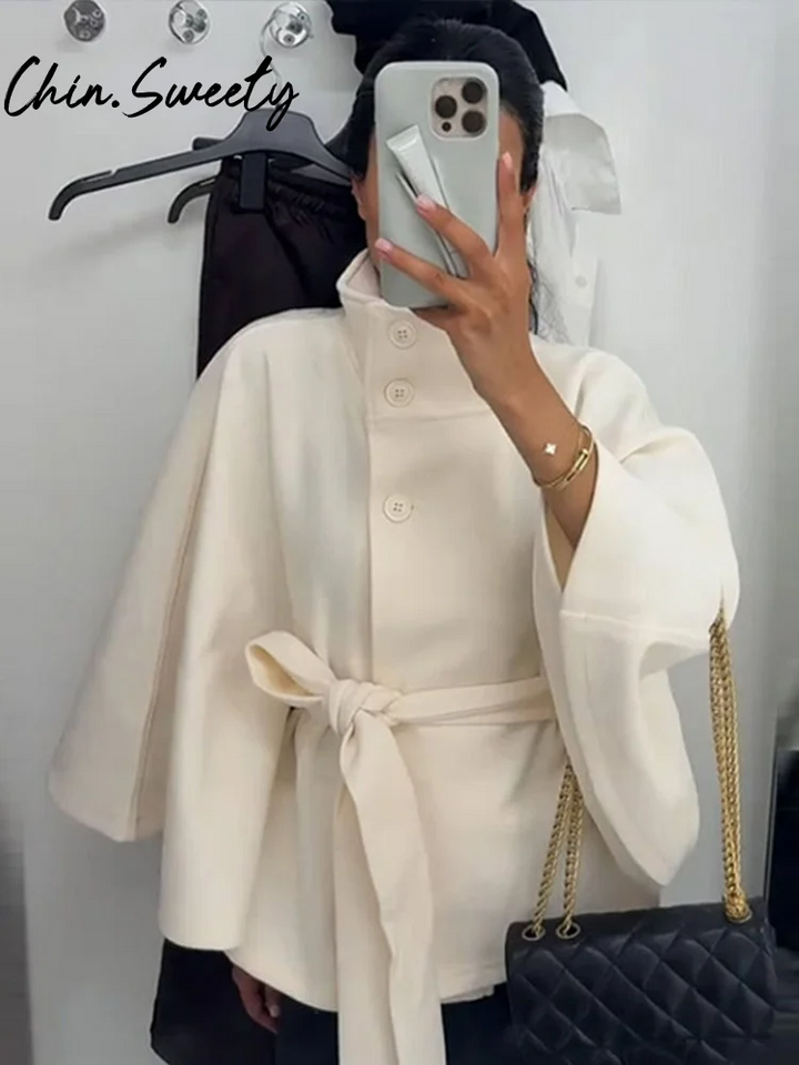 Drune | Damen Woll-Capejacke mit Hohem Kragen und Gürtel