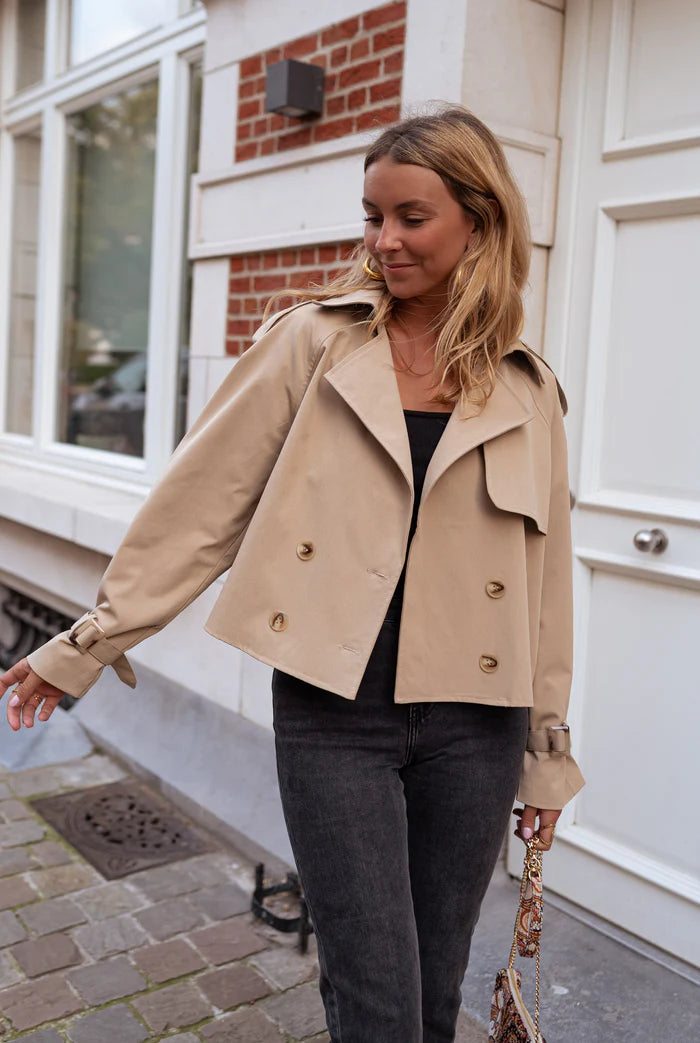 Drune | Damen Gekürzter Trenchcoat mit Doppelreihe Knöpfen und Moderne Passform