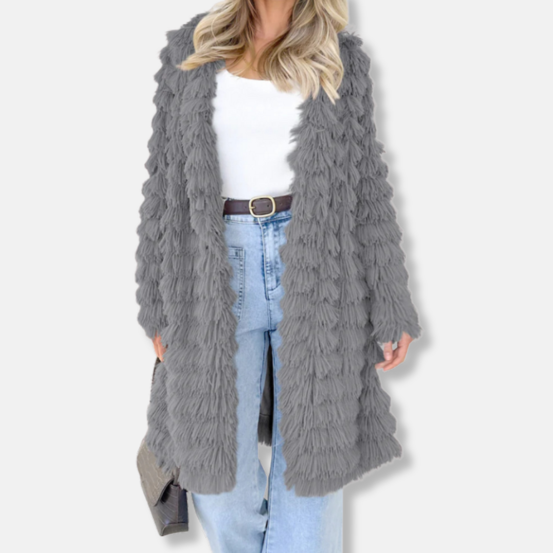 Drune | Damen Lange Cardigan mit Schauriger Textur und Offener Vorderseite