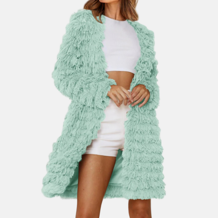 Drune | Damen Lange Cardigan mit Schauriger Textur und Offener Vorderseite