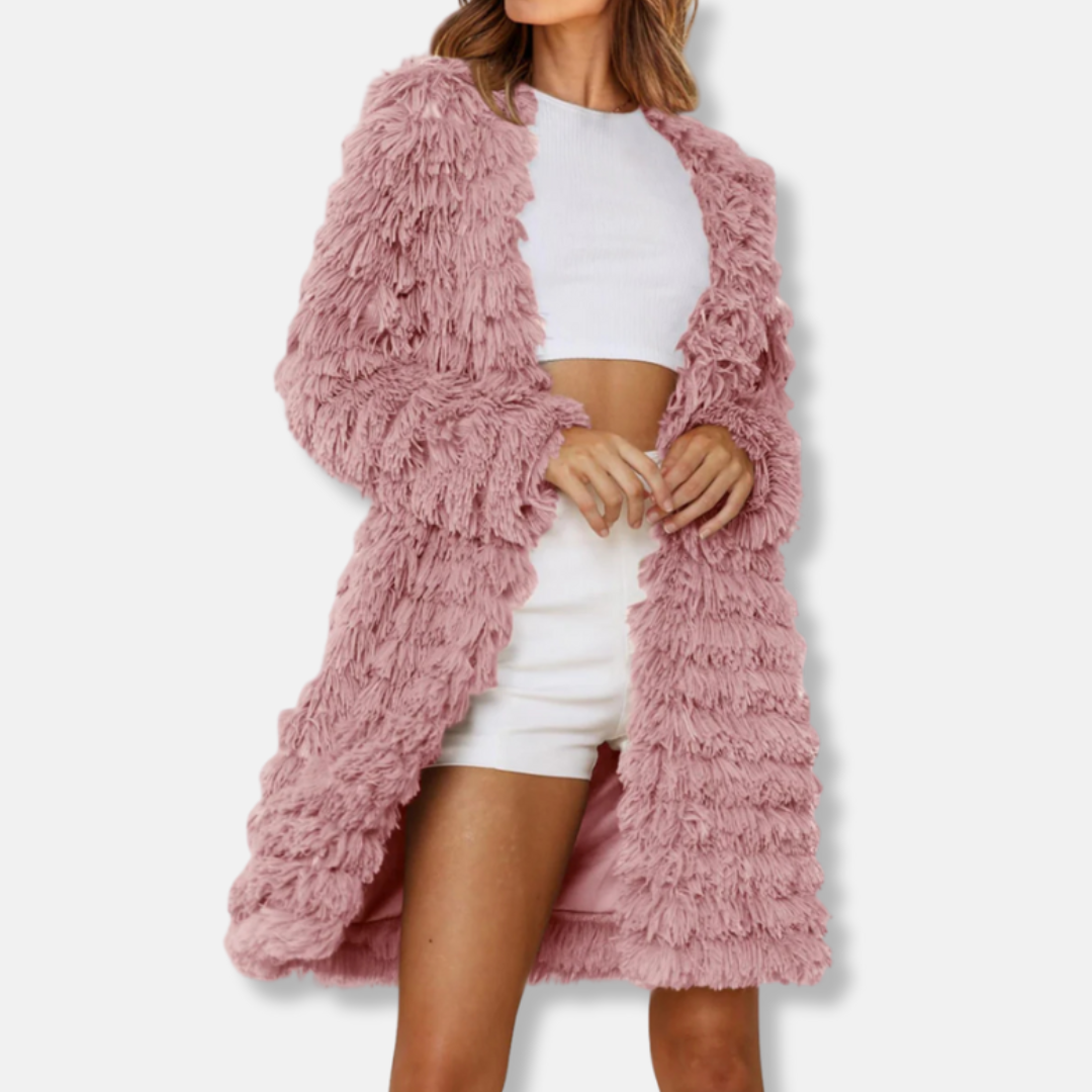 Drune | Damen Lange Cardigan mit Schauriger Textur und Offener Vorderseite