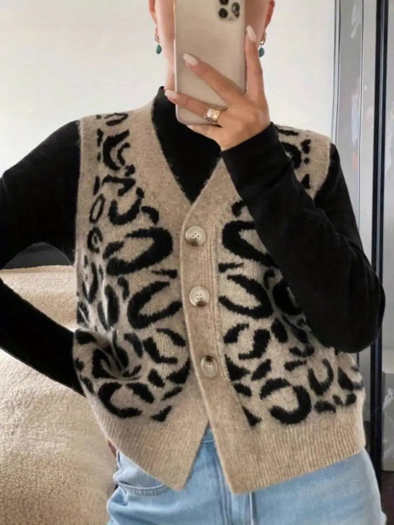 Drune | Damen Strick Ärmellose Weste mit Leopardenmuster und Knopfverschluss