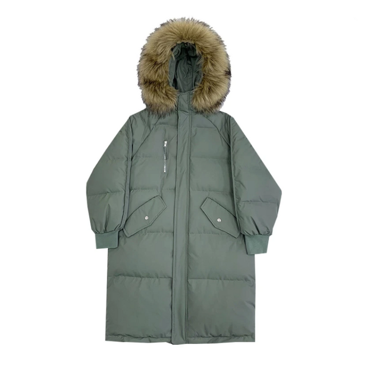 Drune | Damen Lange Wattierte Pufferjacke mit Kapuze und Fellkragen