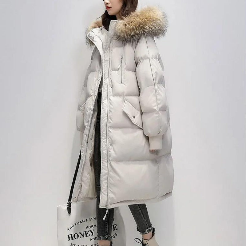 Drune | Damen Lange Wattierte Pufferjacke mit Kapuze und Fellkragen