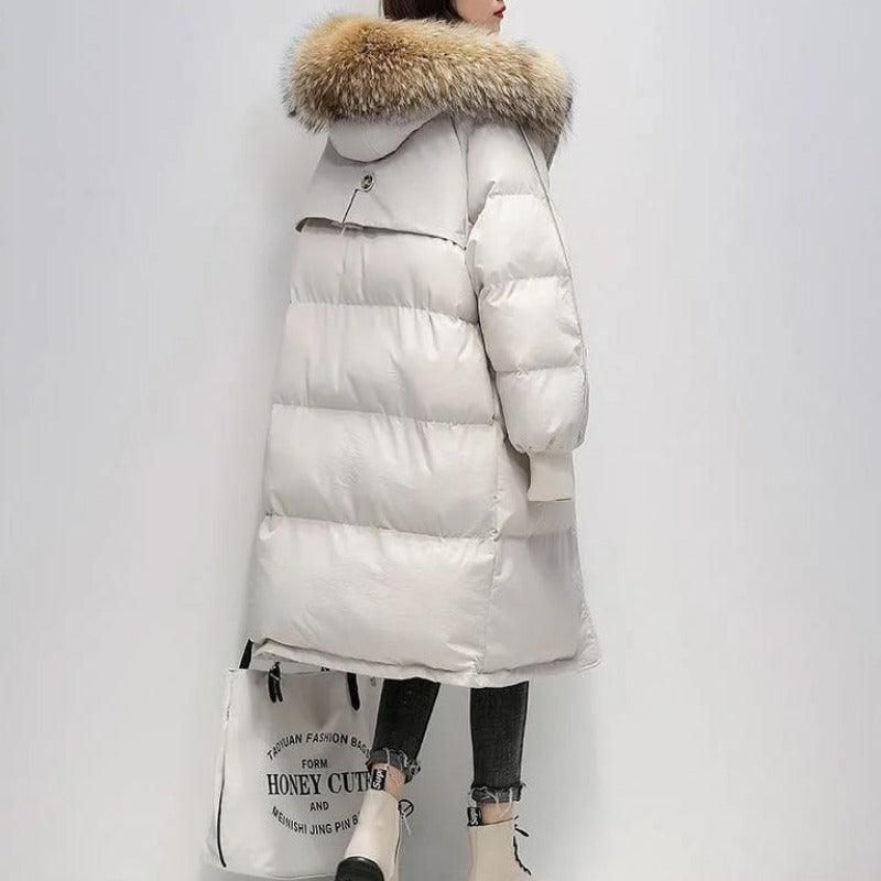 Drune | Damen Lange Wattierte Pufferjacke mit Kapuze und Fellkragen