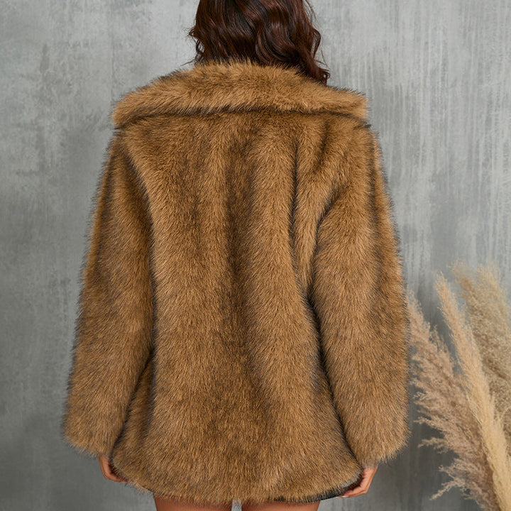 Drune | Damen Eleganter Kunstpelz Mantel mit Breitem Kragen und Taschen