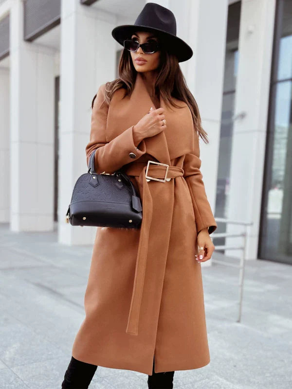 Drune | Damen Lange Jacke mit Gürtel und Drapiertem Revers In Wolloptik