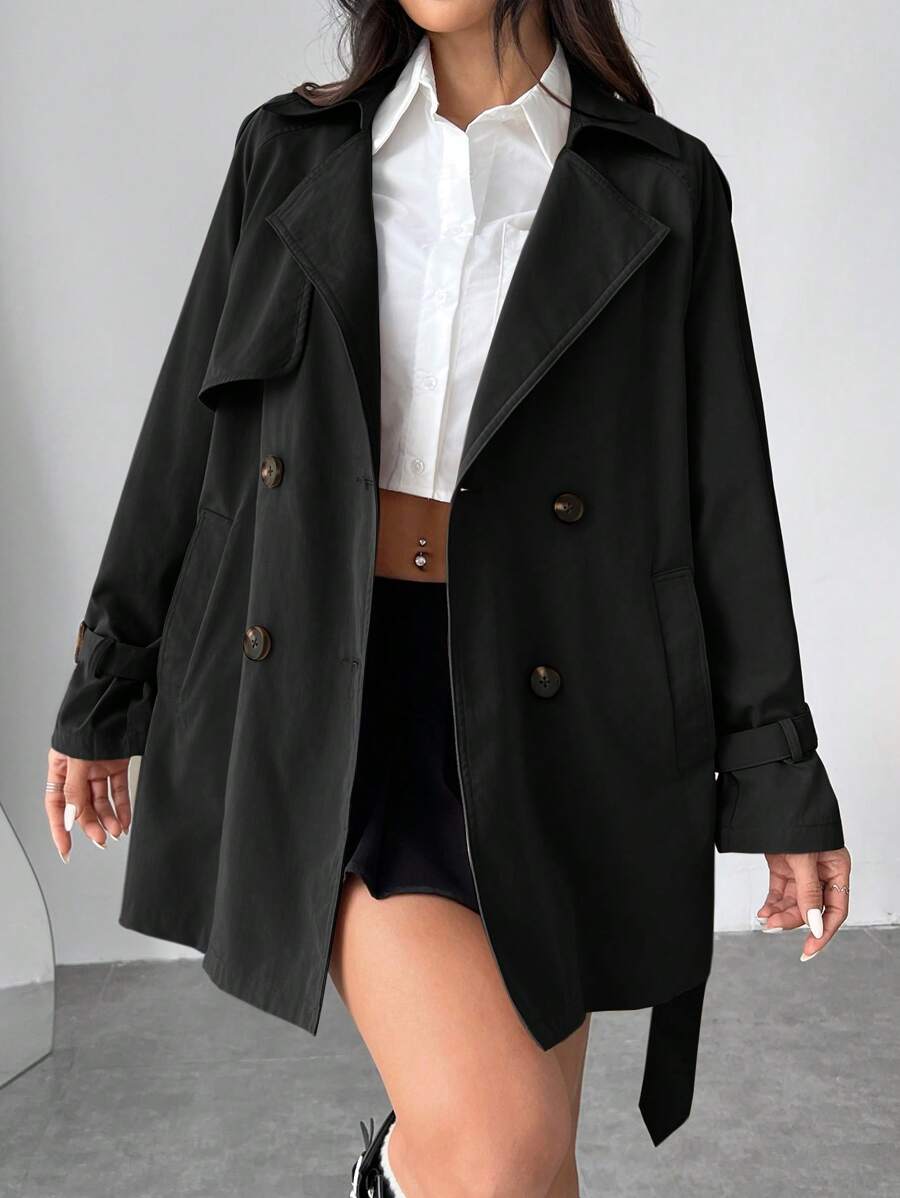 Drune | Damen Kurze Regenjacke mit Schleifenbund und Doppelter Knopfleiste