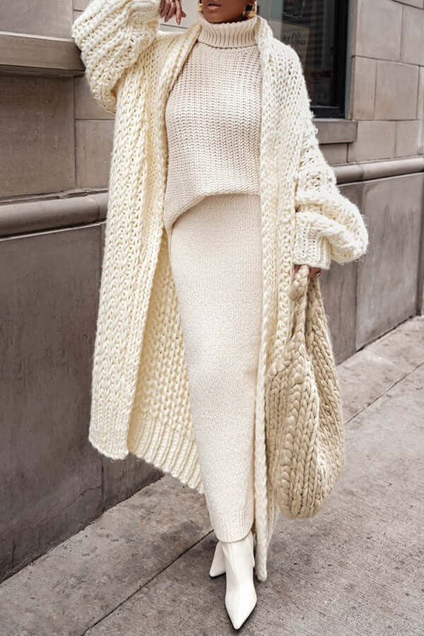 Drune | Damen Oversized Gestrickter Cardigan Aus Wolle mit Langer Offener Vorderseite