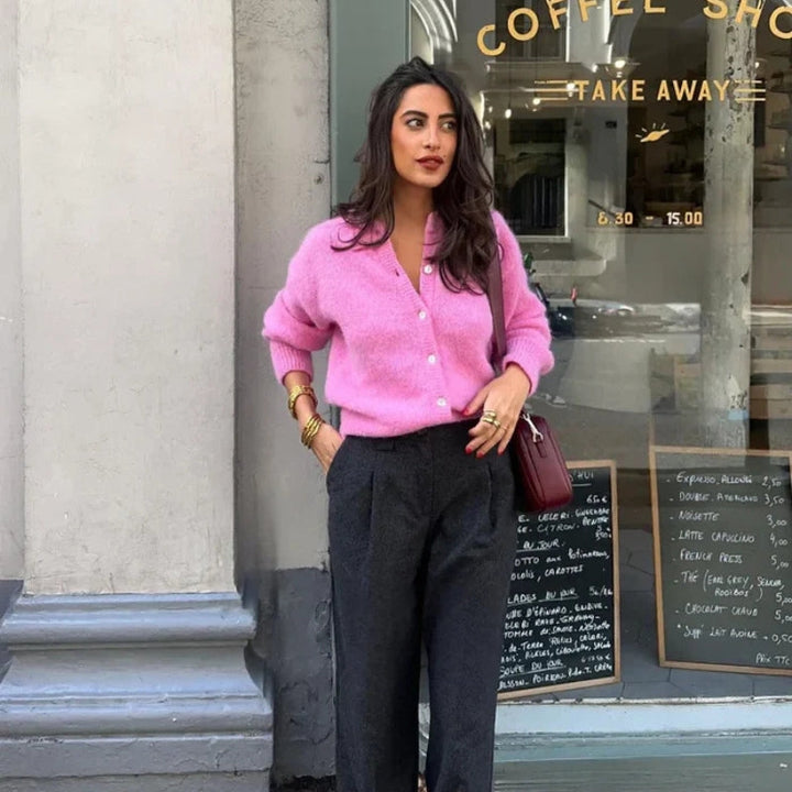 Drune | Damen Rosa Cardigan mit Rundhals und Knopfverschluss